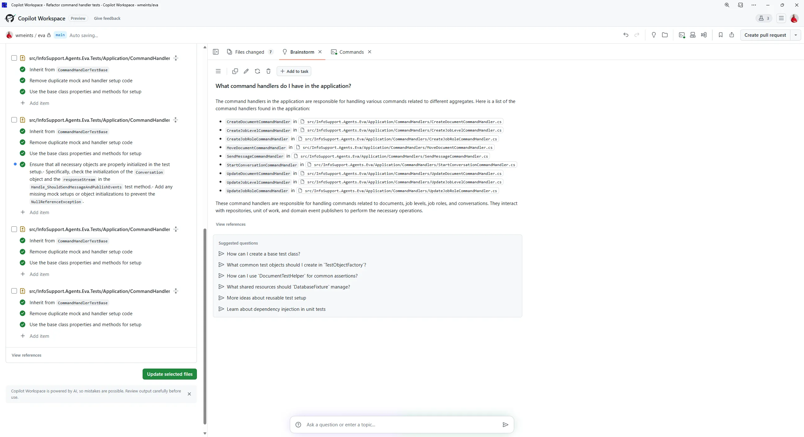 Copilot Workspace showing brainstorming results