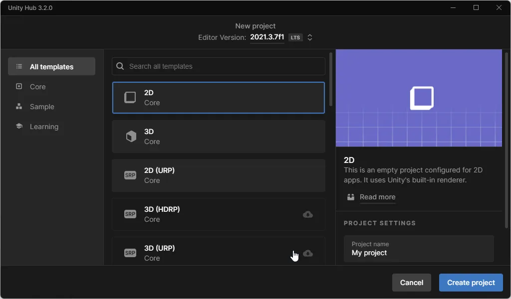 Create project dialog with various templates