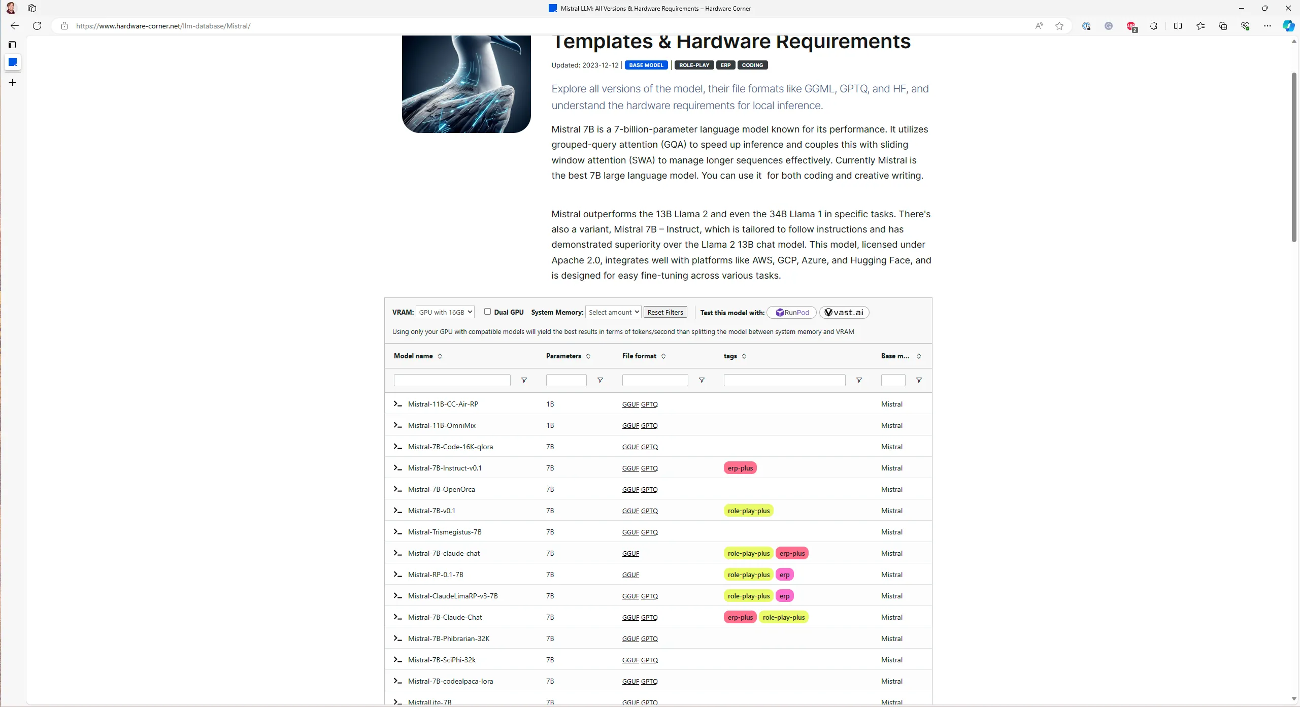 Details of the mistral model archicture in the LLM database