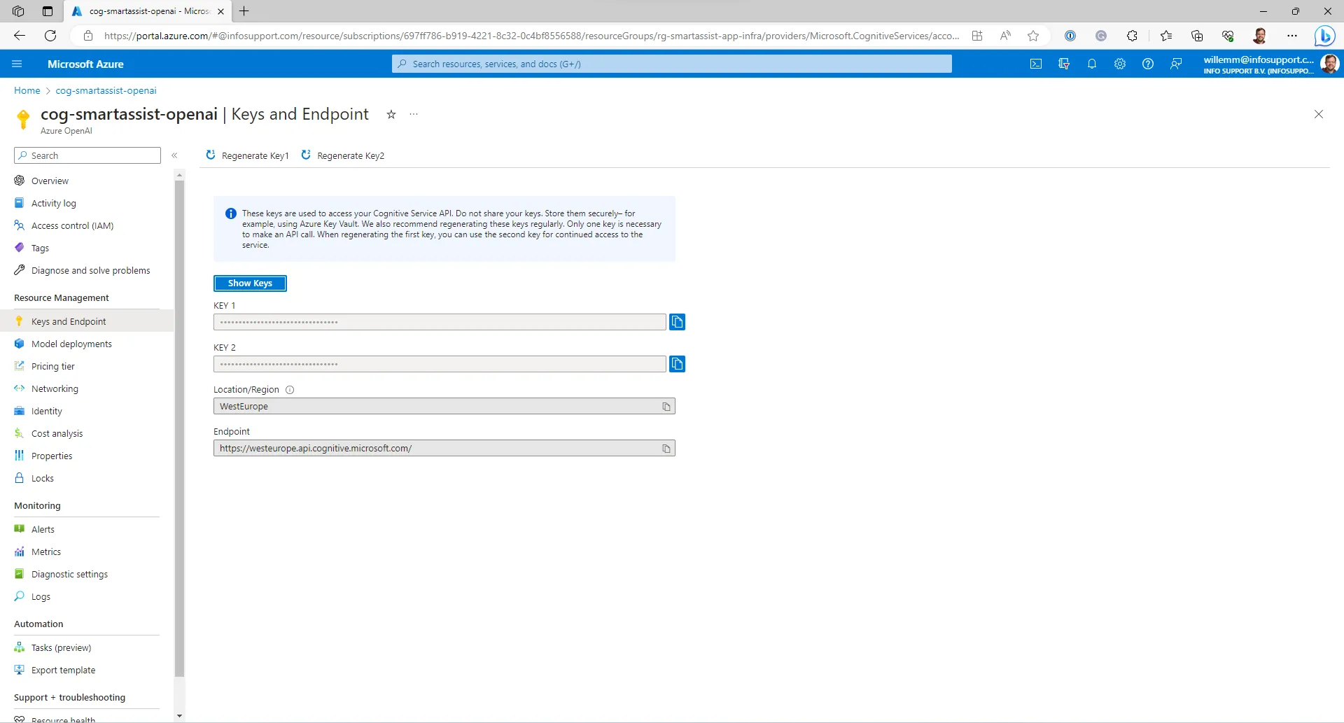 Settings page with the API keys and the endpoint.