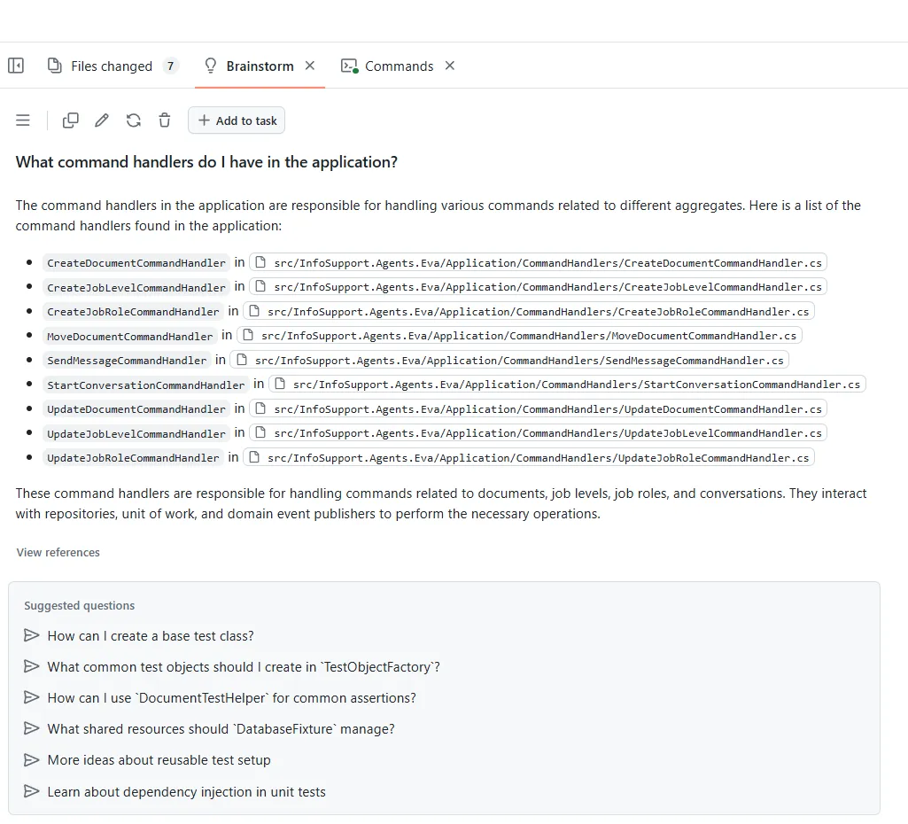 Copilot Workspace showing the answer to a question about the code base