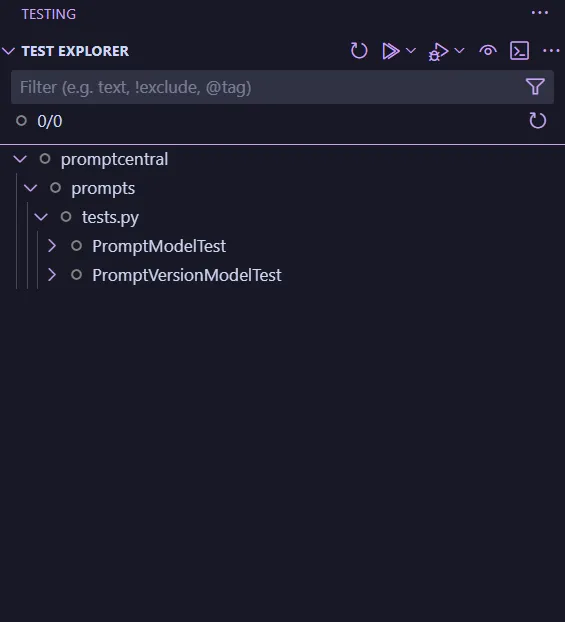 Test explorer window showing the django tests