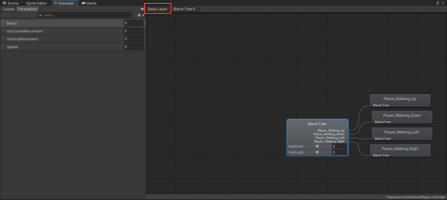 Base layer highlighted in the animator window