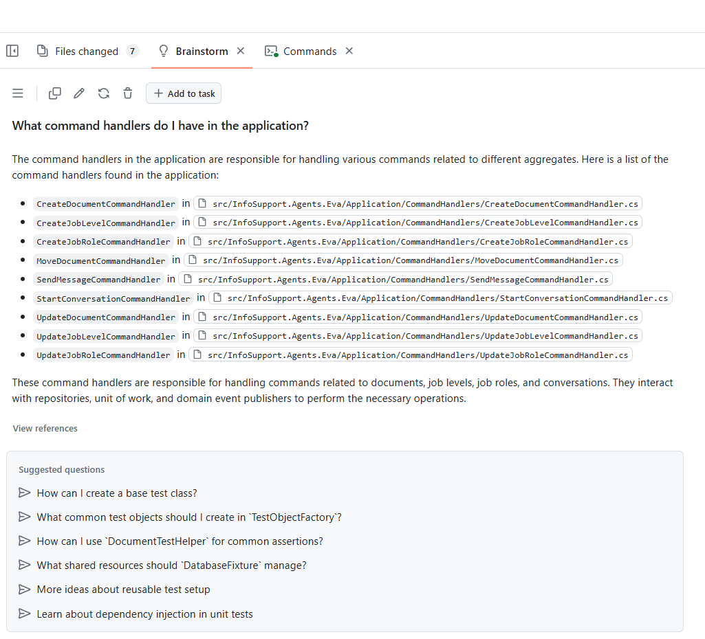 Copilot Workspace showing the answer to a question about the code base