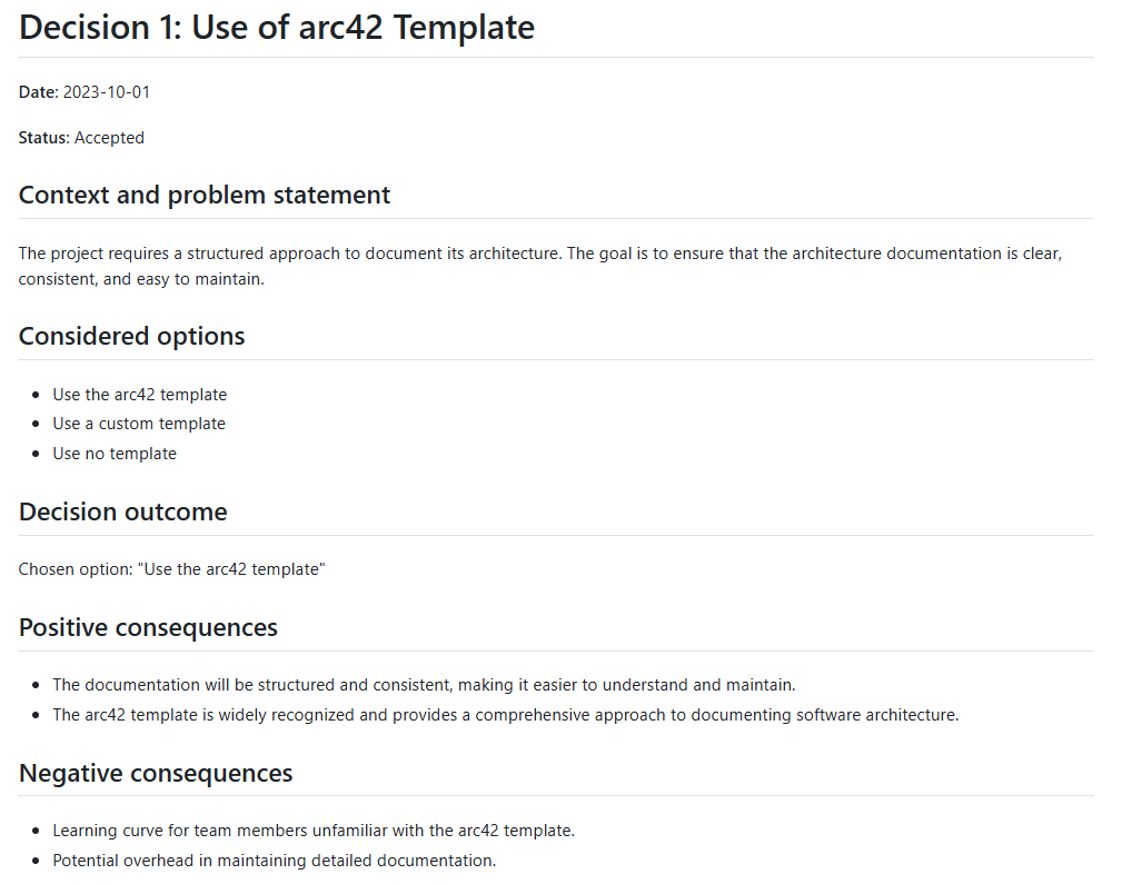 The output of the prompt to record the decision to use arc42.